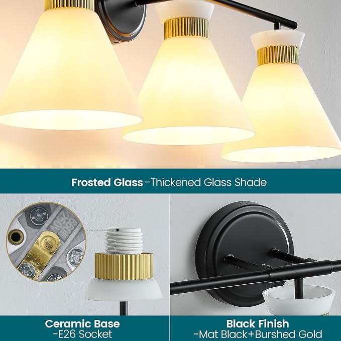 WOSHITU Bathroom Vanity Light Fixtures: 3 Lights Modern Bathroom Lighting Fixtures Over Mirror with Frosted Milky Glass Shade, Black and Gold Vanity Lighting Fixtures Wall Sconce for Bath Bedroom