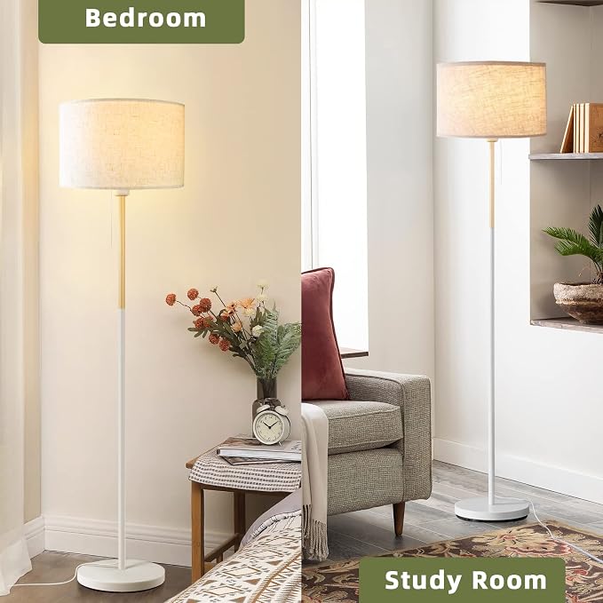 LALISU Bedroom Floor Lamp Farmhouse Floor Lamps for Living Room Mid-Century Pole Lamp Linen Lamp Shade, Standing Tall Lamps for Bedrooms and Office (White)