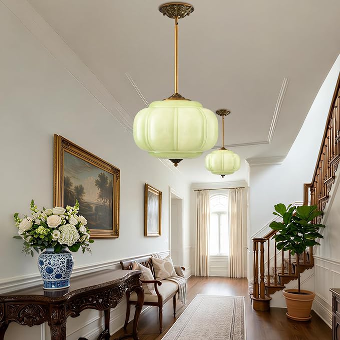 LOUSACE 15 in Vintage Milk Glass Ceiling Light Fixture, Antique Green Milk Glass Pendant Light, Mid Century Art Deco Chandelier for Kitchen Dining Room Hallway Bedroom, LED Bulb Included