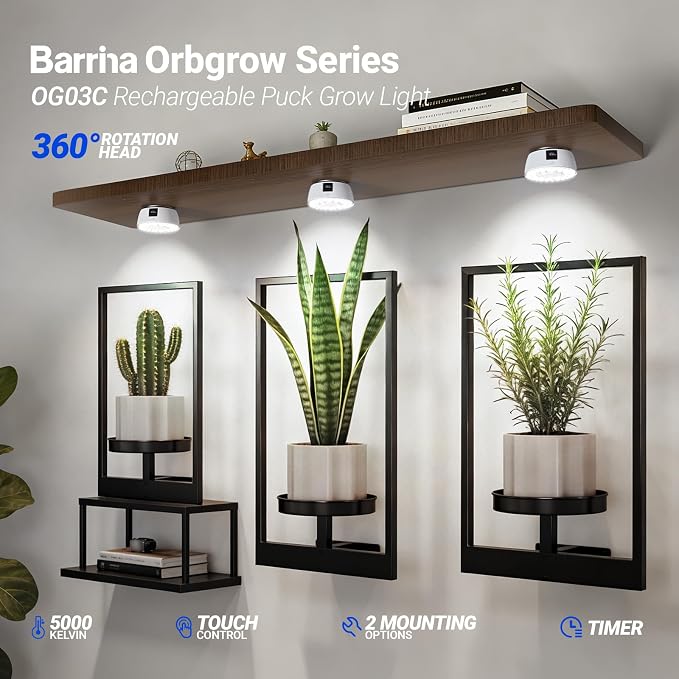 Barrina Orbgrow OG03C Rechargeable Puck Grow Light, 5000K, 1 Pack, White | Cordless Full Spectrum Plant Light for Indoor Plants, Magnetic & Touch Switch with Timer, Small Grow Lamp for Plant Shelf