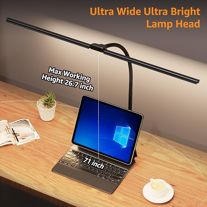 ShineTech LED Desk Lamp, 31.5" Ultra Wide Double Head Architect Light with Clamp, 50 Adjustable Lighting Modes, Eye-Caring Bright Task Lamp for Home Office, Large Monitor, Memory & Auto-Off Timer
