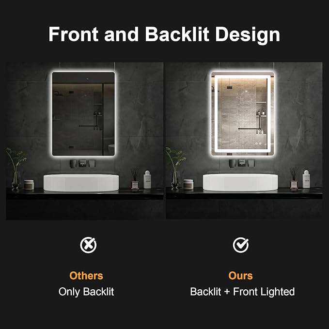 LED Bathroom Mirror with Lights, 24 x 32 Lighted Vanity Wall Mirror | Backlit and Frontlit, Anti-Fog, Dimmable 3 Colors, Shatter-Proof Tempered Glass, Memory Function, Plug-in/Hardwired