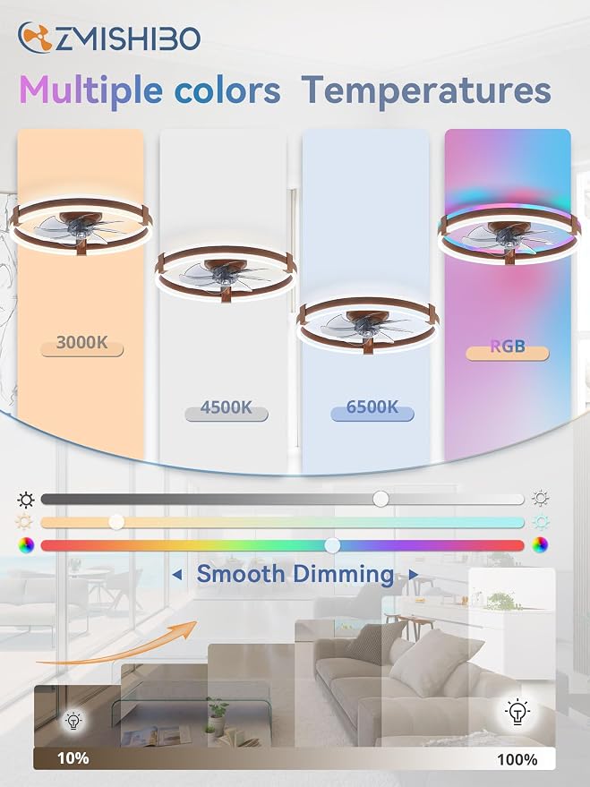 ZMISHIBO 20" RGB Low Profile Ceiling Fans with Lights and Remote, Walnut | Custom RGB+3CCT Dimmable, 6 Speeds, Remote/App Control, Reversible DC Motor, Memory, Timer, Modern Fandelier for Kids/Bedroom