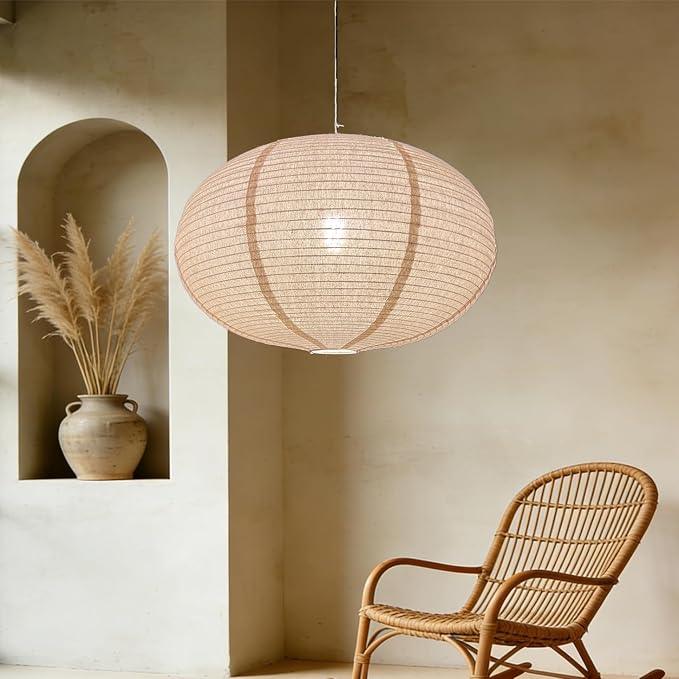 Linen Pendant Light Shade 20 Inches Oval Hanging Lamp Shade | Off-White Hanging Lampshade Can replace Paper Lanterns Handmade Fabric Light Covers Home Decor Ceiling Lampshade
