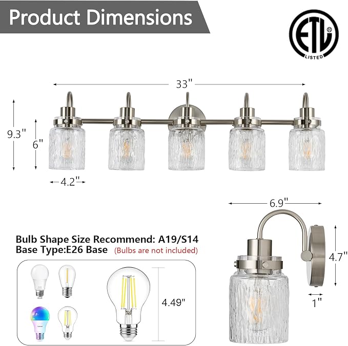 5 Lights Hammered Glass Bathroom Vanity Light,Brushed Nickel | Easy Installation,Up or Down,Farmhouse Modern Style,E26 Socket,ETL Certification