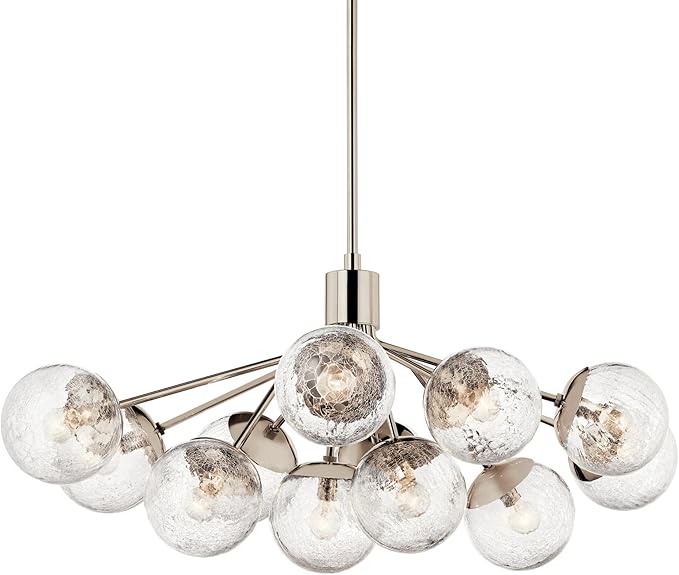 Kichler Silvarious 12-Light Linear Convertible Chandelier, Soft Modern Light with Clear Crackled Glass in Polished Nickel, for Dining Room or Living Room (17.75" x 26.75" x 48"), 52703PN