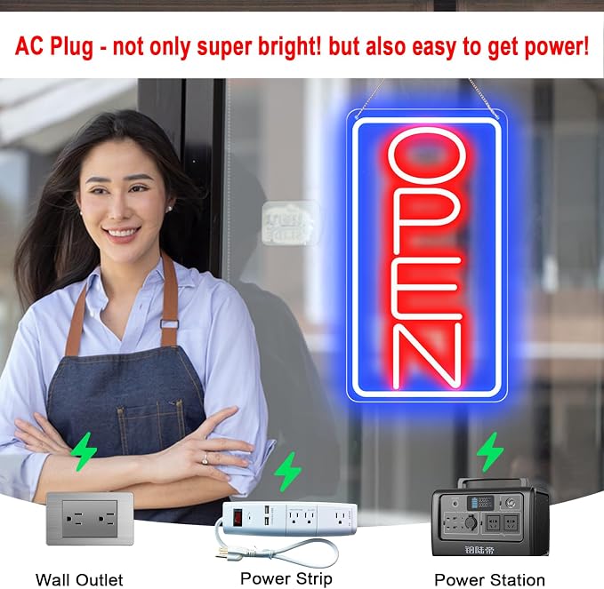 16.5" X 9" Led Neon Open Signs for Business 12V/2A Ultra Bright Led Neon Open Signs Plug In Electric Light Up Open Sign with ON/OFF Switch for Bar Salon Coffee Stores Club Hotel (Vertical)