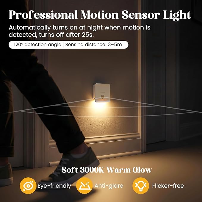 ZISUYU Rechargeable Motion Sensor LED Night Light, Step Light, 3000K Warm | Battery Powered Magnetic Stick-On Lamp, Wireless Wall Light for Stair Hallway Bedroom Bathroom Kitchen Closet(4 Pack)
