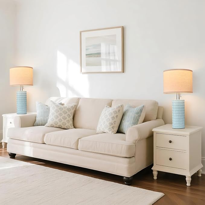 Reaketon 20.5" Modern Ceramic Table Lamps for Bedroom Set of 2, Bedside Lamps for Night Stands with Beige Lampshade, Farmhouse Table Lamp for Living Room Office Dorm, Sky Blue