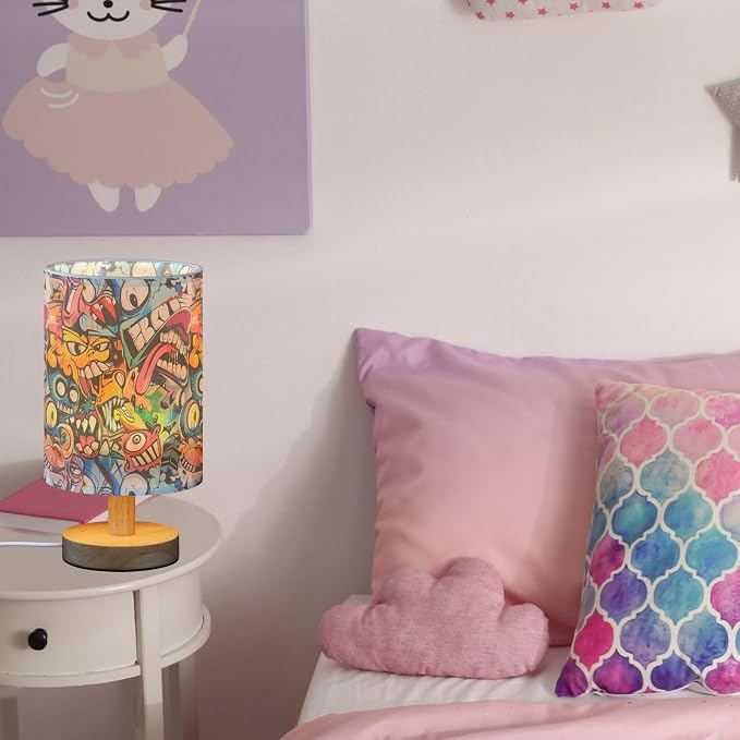 Colorful Street Graffiti Art Monkey Table Lamp for Bedroom USB Port Lamps Small Accent Table Lamp Nightstand Lamp Sturdy Linen Shade Wooden Base Decorative Lamps for Bedside Reading|Kids|Dorm|Home