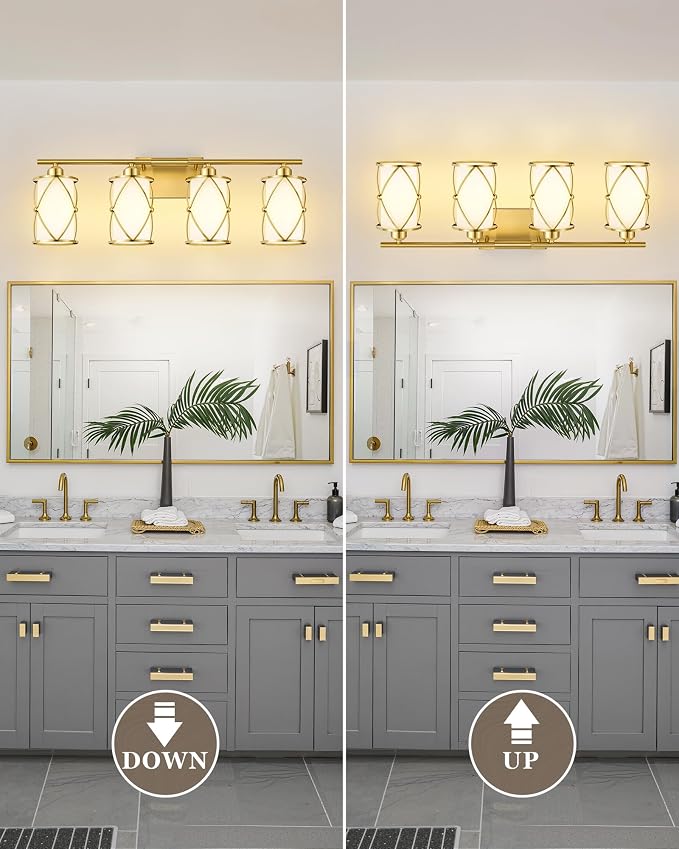 4-Light Brushed Gold Bathroom Light Fixtures with Milk Frosted Glass, 29" Modern Bathroom Vanity Lighting Fixtures Over Mirror with Metal Cage, Wall Sconce Lights for Bath, E26, CH9176BGW-4W