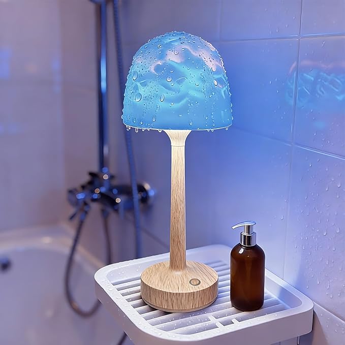 Waterproof Bathroom Lamp with 16 Color Ocean Wave Projector, Rechargeable Shower Light with Touch & Remote Control, Cordless Light for Inside Shower/Bathtub (Natural Wood Color)