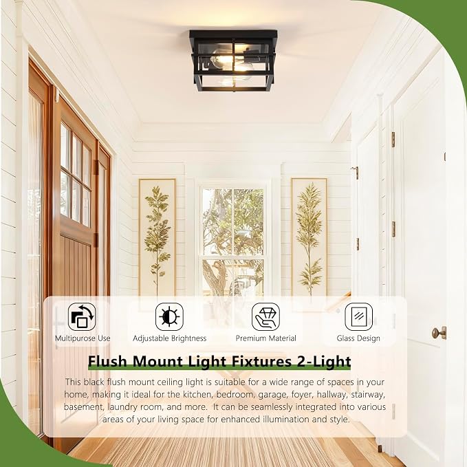 Asnxcju 2-Light Black Flush Mount Ceiling Light, Farmhouse Kitchen Lighting Fixtures with Clear Glass, Outdoor Porch Lights Ceiling Mount, Square Hallway Light Fixtures for Bedroom Living Room Balcony