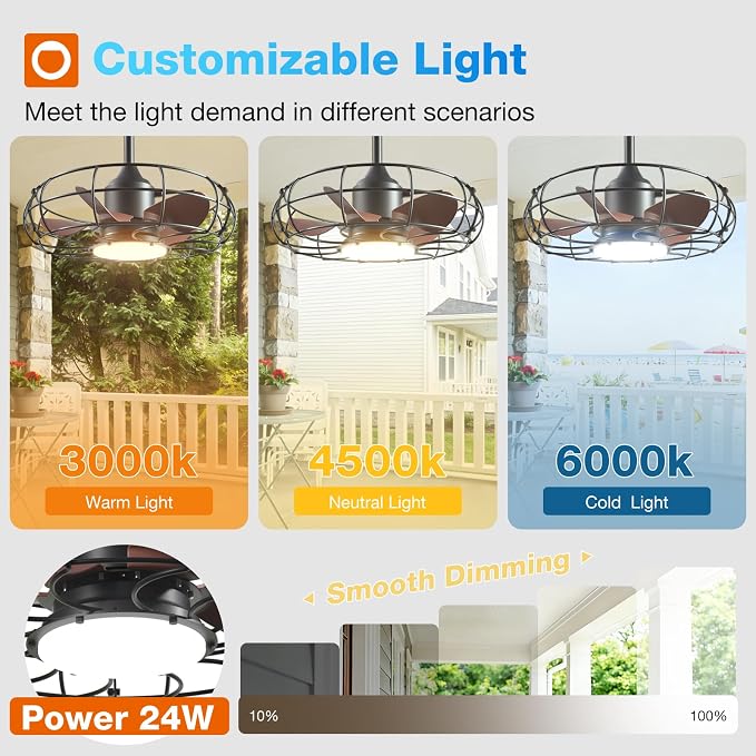 addlon 20" Outdoor Ceiling Fan with Light for Patio, IP65 Plug in Caged Fan | Waterproof, Hanging Hook, Reversible DC Motor, 6 Speeds, Remote Control, Quiet Operation, Timer, for Gazebo, Patio, Porch