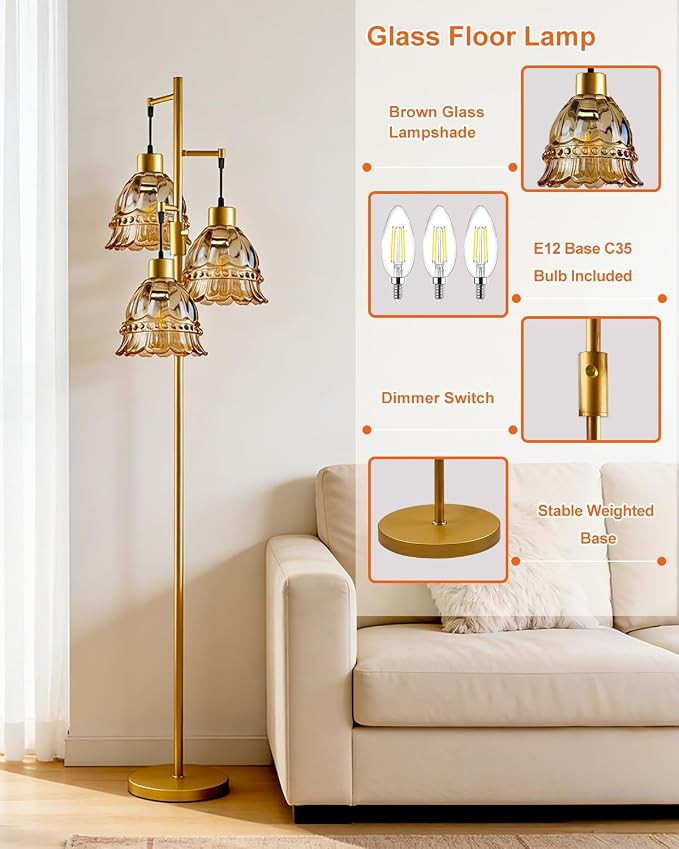 Lightdot 3-Lights Glass Floor Lamp Dimmable Gold Floor Lamps with Brown Glass Shade 3000K Bulbs Included Unique Modern Standing Tall Lamp with 5Lbs Heavy Base for Living Room/Bedroom/Sofa Beside