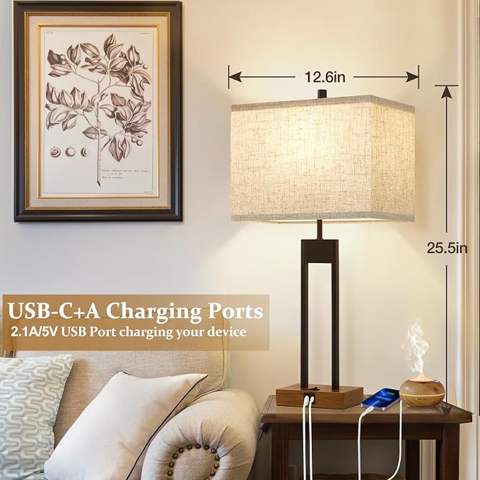 Extra Large 25.5'' Set of 2 Modern Bedroom Table Lamps with USB C+A Ports, Color Changeable, Brown Night Stand Lamps for Bedside, Guest Room, Office, Reading