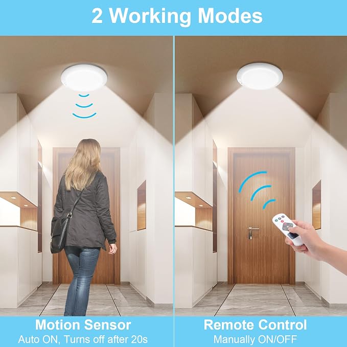 LINEWAY Rechargeable Motion Sensor Ceiling Light with Remote,Battery Operated LED Ceiling Lights 3 Colors Dimmer 7.5'' Wireless Closet Light Magnetic Motion Activated Shower Light for Shed Pantry | Battery Operated LED, 3 Colors Dimmer, Wireless with R...