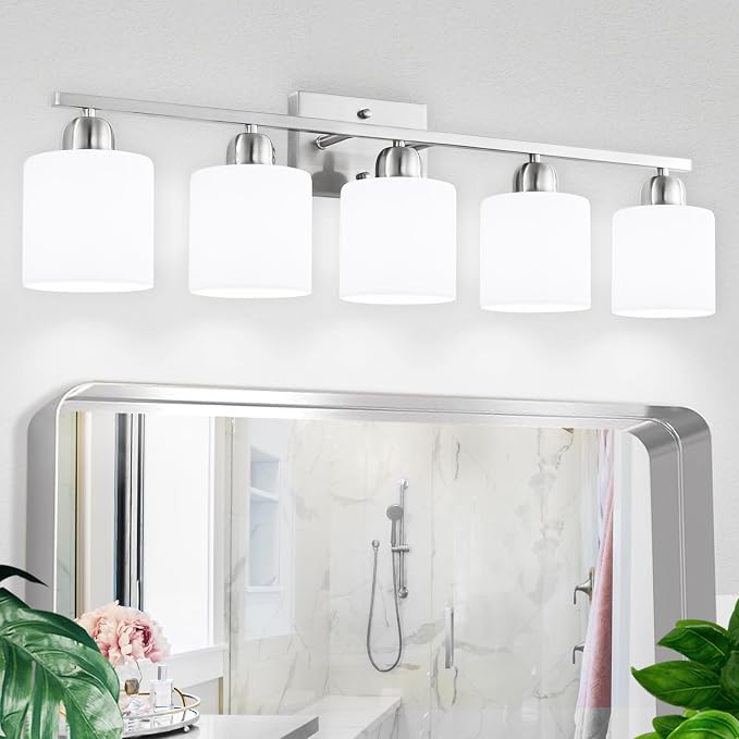 5 Light Bathroom Light Fixtures Brushed Nickel,Anti-Rust Finish Bathroom Vanity Light with Milky White Frosted Glass Shade for Mirror Bedroom Living Room E26 Base