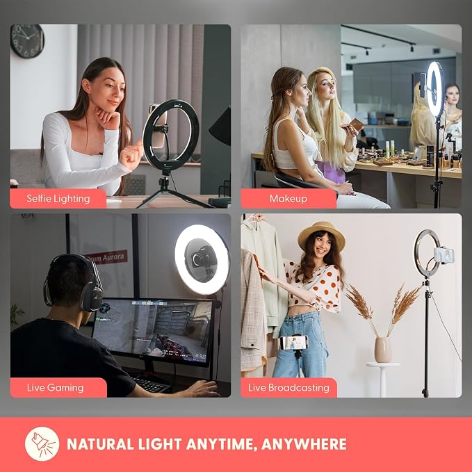 11" Selfie Ring Light with 61" Tripod Stand, LED Ring Light with Phone Holder, Wired Control USB, 10 Brightness Levels, 3 Color Modes, Adjustable for Video Recording, Zoom Meetings, and YouTube