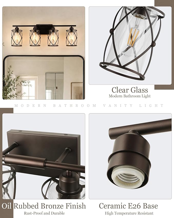 4-Light Oil Rubbed Bronze Bathroom Light Fixtures Over Mirror, 29" UL-Listed Modern Farmhouse Wall Sconce Lights with Clear Glass and Metal Cage for Bath, Hardwire E26, CH9176ORB-4W