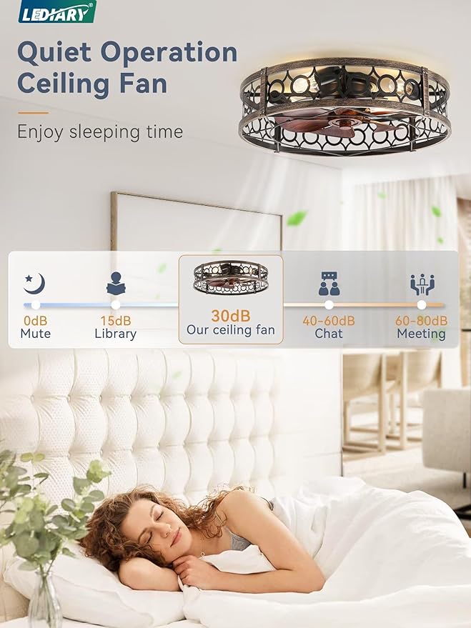 LEDIARY Caged Flush Mount Ceiling Fans with Lights, 23 Inch Farmhouse Low Profile Ceiling Fan with Remote, Small Bladeless Fan Lights Ceiling Fixtures for Bedroom, Kitchen- Black and Gold