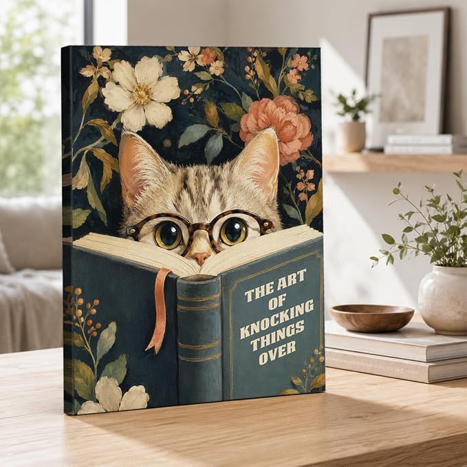 NSFBESSLIA Funny Reading Cat Painting, Whimsical Vintage Cat Decor, The Art Of Knocking Things Over, Humorous Wall Art for Living Room Bedroom Entryway, 8x10 Inch