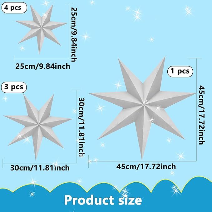 8 Pack 18 Inch/ 14 Inch/ 12 Inch/ 10 Inch 3D Paper Stars 7-Pointed White Hanging Paper Star Decorations for Christmas Holiday Wedding Birthday Party Room Decor, 4 Size