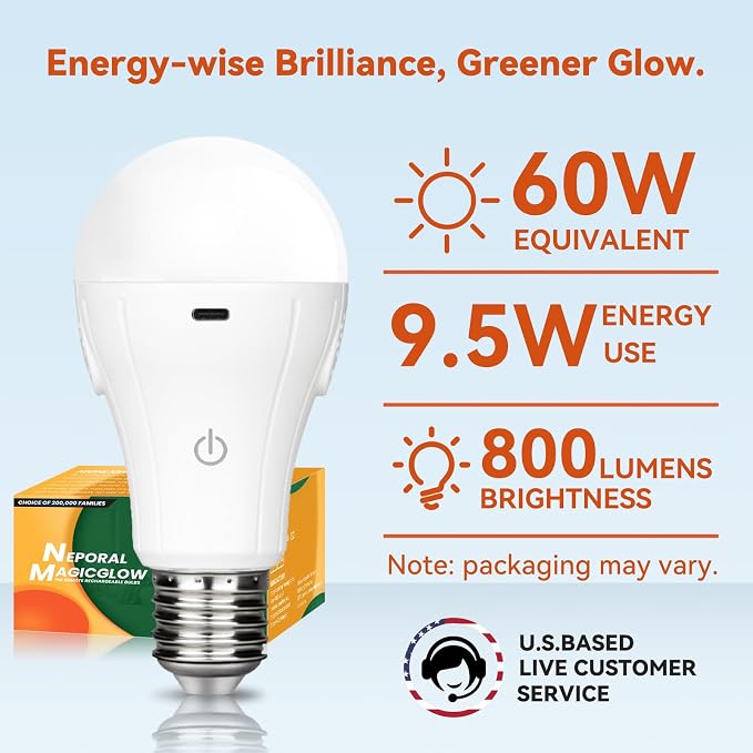Neporal MagicGlow Rechargeable Light Bulbs with Remote, 3 Colors Shift + Stepless Dimmable Battery Powered LED Bulbs, USB Rechargeable, A19 Emergency LED Light Bulbs, 15W, Up to 24 Hours