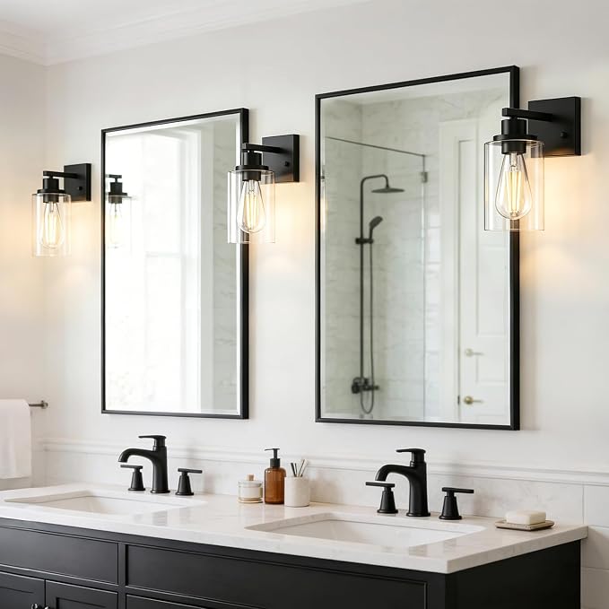 Wall Sconces Set of Two Matte Black Vanity Lights for Bathroom Indoor | Modern Wall Light Fixtures, Sconce Lights with Clear Glass, Farmhouse Lamp for Bedroom, Living Room, Mirror, Hallway E26 Base