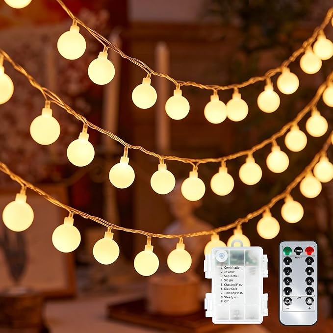 33FT 100LED Globe String Lights, Battery Powered Waterproof 8 Modes Hanging Fairy Lights with Remote for Patio Garden Holiday Tree Yard Party Wedding Indoor Outdoor Decor, Warm White