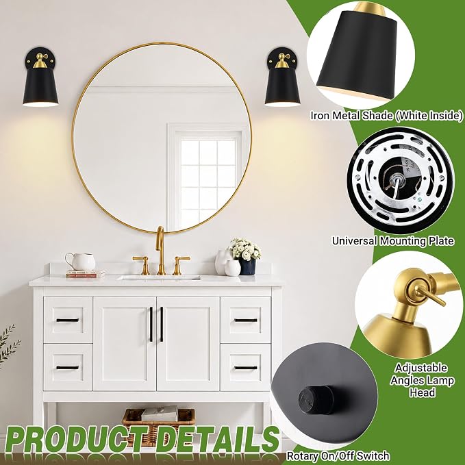 Dimmable Wall Sconces Set of 2, Wall Mounted Bedside Lamps with Rotary Switch, Black & Gold Sconces Wall Lighting, Bathroom Light Fixtures with Metal Shade, Wall Lights for Bedroom Living Room