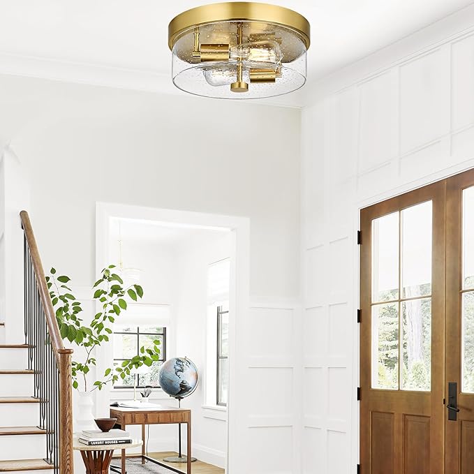 Flush Mount Ceiling Light Fixtures, 2-Light Gold Ceiling Mount for Farmhouse with Seeded Glass Lampshade, Industrial Flush Mount Light Fixture Farmhouse for Hallway, Kitchen, Entryway and Foyer