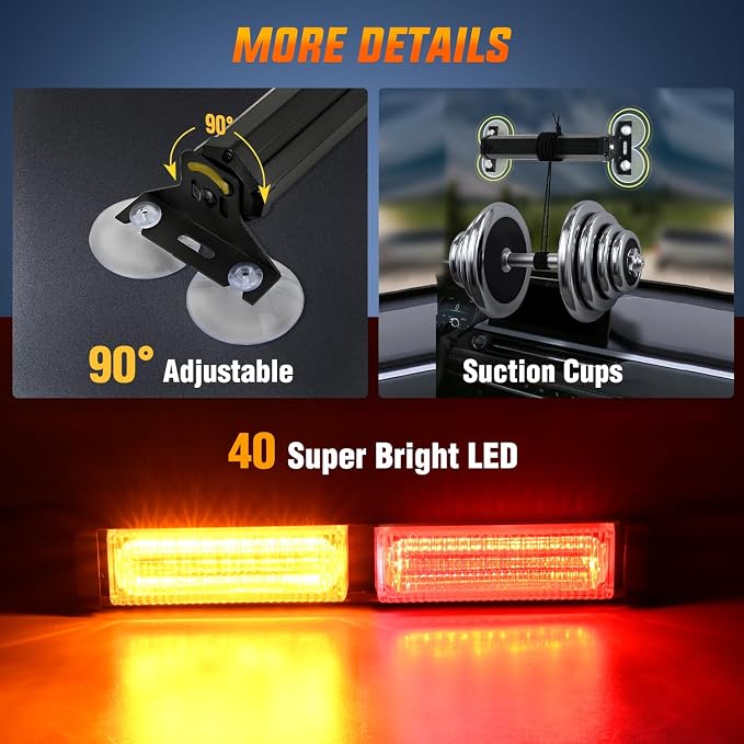 Nilight 40LED Amber Red Emergency Strobe Traffic Advisor Light Bar with Suction Cups Dash Safety Warning Hazard Flashing Lights Interior Front/Rear Windshield for Trucks Construction Vehicles | with Suction Cups Dash Safety Warning Hazard Flashing Ligh...