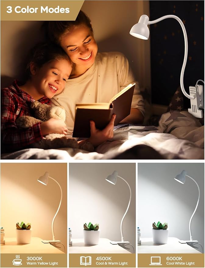 Clip on Lamp USB Reading Light, 3 Color Modes, White | 10 Brightness Dimmable, 360° Flexible Desk Lamp with Clamp, Eye Care Clip on Light for Bed Desk Headboard Home Dorm