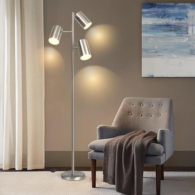 Tree Floor Lamp with 3 Light Bulbs,Nickel Standing Tall Pole Lamp with 3 Adjustable Rotating Lights,Farmhouse Floor Lamp for Living Room Bedroom Office,Vintage Standing Lamp 9W E26 LED Bulbs Included.