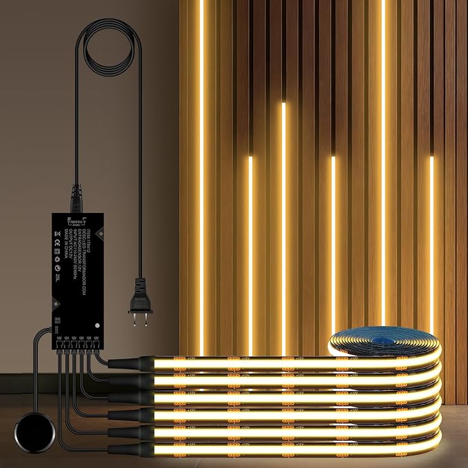 6-in-1 Black PCB COB LED Strip Light 12V Touch Dimable 3.3Ft 3000K | LED Recessed Lighting Self-Adhesive Under Cabinet Light with 36W Adapter for Wood Slat Wall Panels Headboards Cabinet Shelf