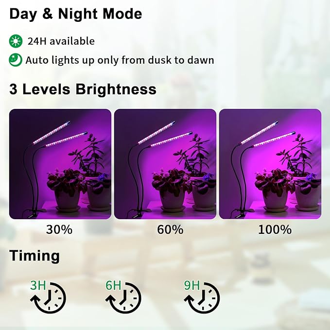 Solar Plant Grow Light with Battery Run Day/Night, 2 Heads 40 LED Clip On Full Spectrum Plant Light with 16.4FT Cable/USB Charging/Timer/Dimmable for Outdoor Indoor All Stage Plants