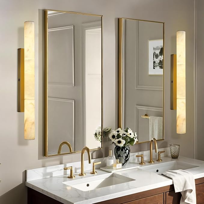 Brass Alabaster Wall Sconces, Spanish Natural Marble Wall Sconce, 36" Long Stone Wall Sconce Dimmable, Gold Alabaster Sconces Wall Lighting Indoor, Marble Wall Light for Bathroom, Living Room, 1PC