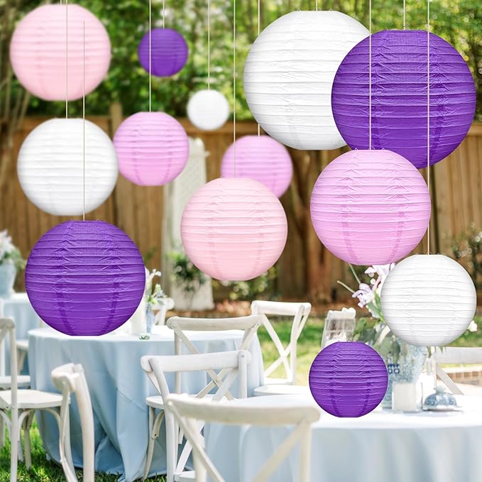 16 Pcs Paper Lanterns Hanging Round Purple Paper Lantern Decorative 6" 8” 10”12" Four Colors Chinese Lanterns for Birthday Wedding Party Decoration Baby Showers Valentine Indoor Outdoor