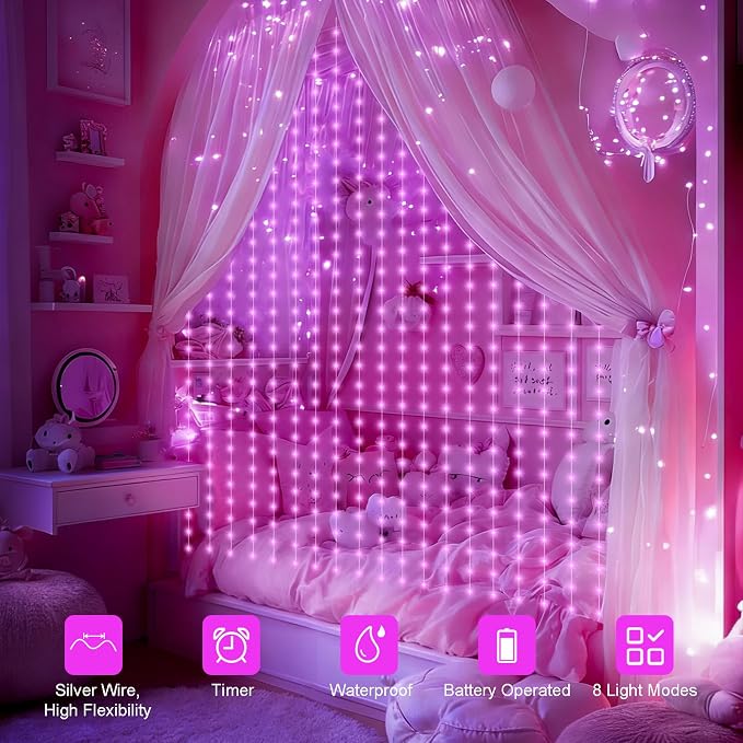 echosari Curtain Lights Battery Operated 9.8 x 9.8Ft with Timer Pink | 300 LED Fairy Lights with Hooks for Bedroom Wedding Backdrop Indoor Decor