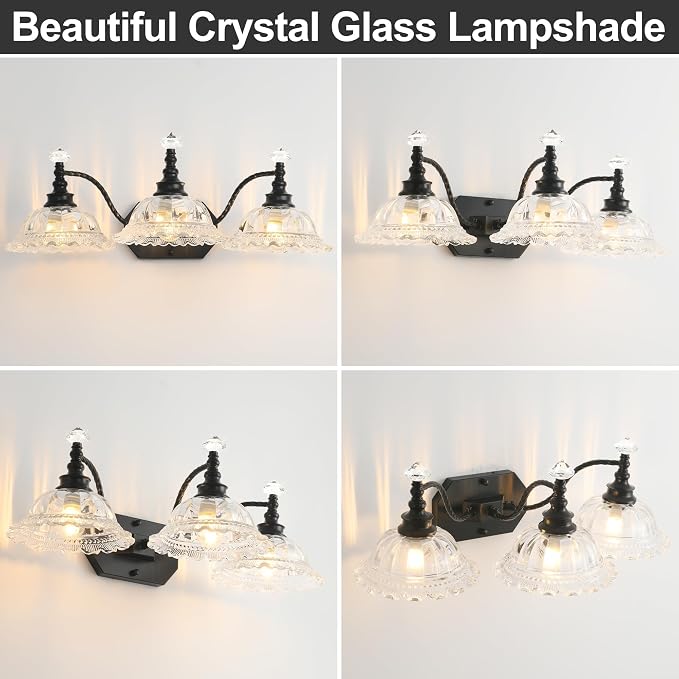 Vintage Bathroom Light Fixtures, 3 Light Black Vanity Lights with Floral Clear Glass Shades, Retro Wall Sconce for Mirror, Powder Room, Bedroom