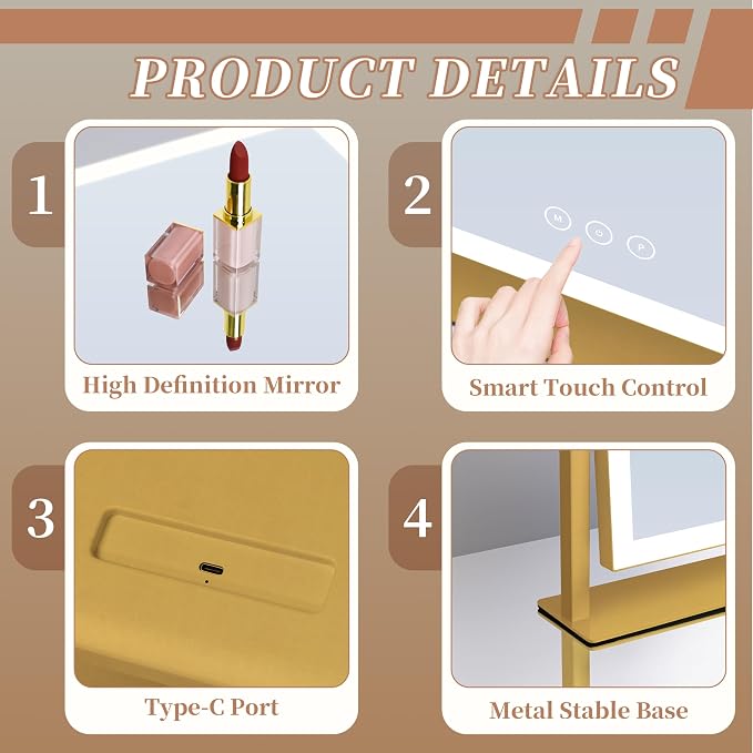 Kotdning Vanity Mirror with Lights, 16.7"×13.2" LED Makeup Mirror, Lighted Makeup Mirror with Lights, Smart Touch Control Dimmable 3 Modes Light, Lighted Up Mirror for Bedroom & Dorm, Gold