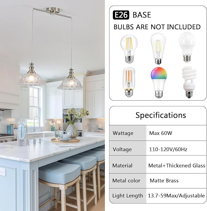 HDDFL 2 Light Pendant Light Fixtures Modern Glass Hanging Lights with Adjustable Cord for Kitchen Island Dining Room Living Room Hallway Brushed Nickel Metal