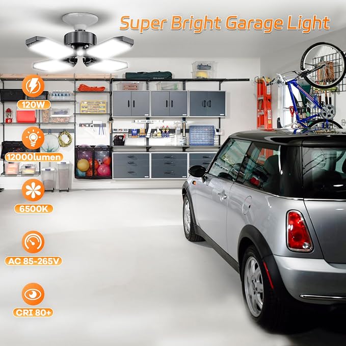 LED Garage Lights 4 Pack, 120W 12000LM Garage Lighting 6500K with 4+1 Deformable Panels, Screw Into E26 E27 Socket, Ceiling Lighting for Shop Workshop Basement Barn Attic Bay
