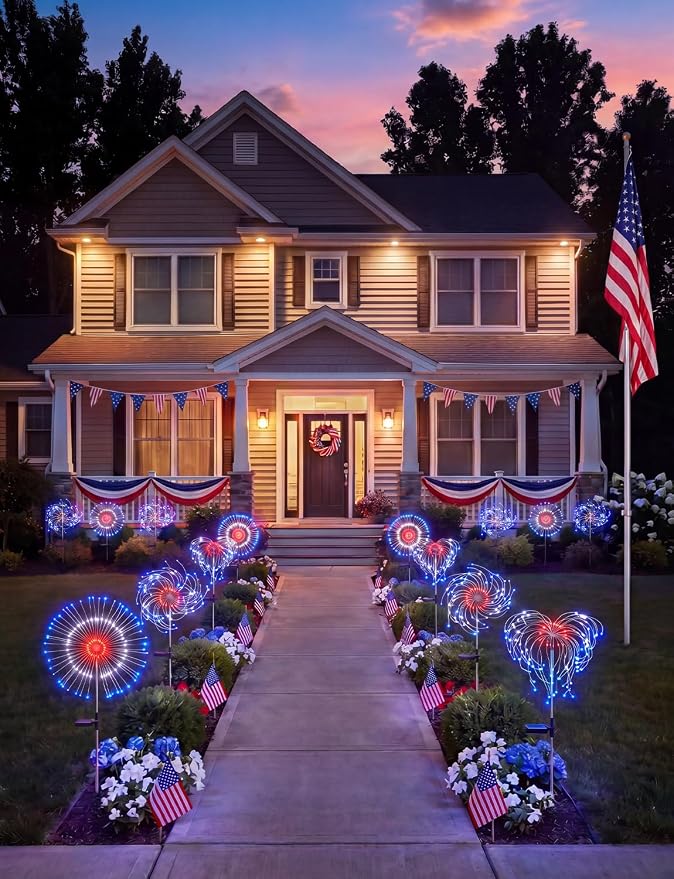 Red White Blue Solar Lights Outdoor, 4th of July Decorations, 2 Pack 150LED Solar Firework Patriotic Decor, Fourth of July Fairy Lights with 8 Modes for Yard Garden Pathway Patio Independence Day | 8 Modes, Solar Firework Patriotic Decor, Fourth of Jul...