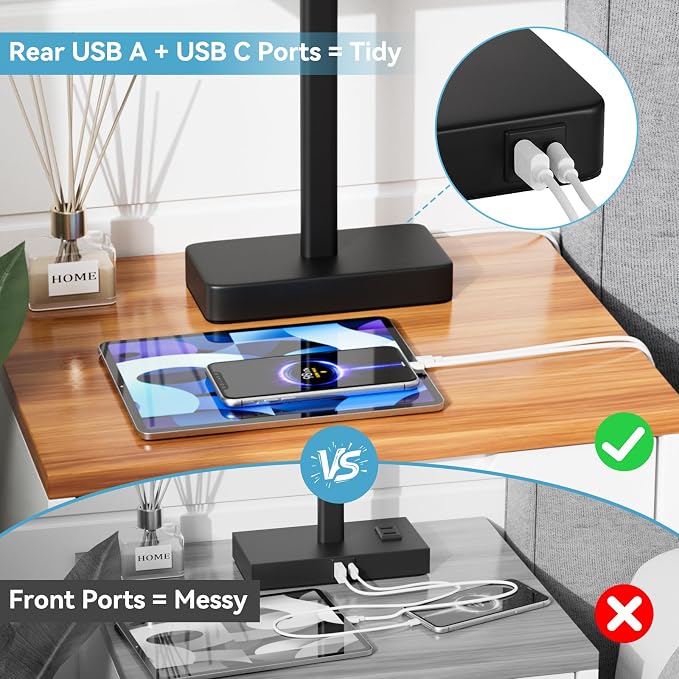Touch Lamps for Bedroom, 3 Way Dimmable Grey Bedside Table Lamps Set of 2 | USB C+A Charging Port, Modern Table Lamp for Night Stands, Desk Lamp for Nightstand, Bed Side, Living Room, End Tables