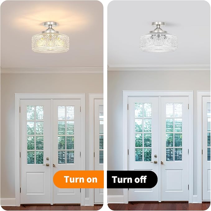 Brushed Nickel Semi Flush Mount Ceiling Light, 3-Light Vintage Ceiling Light Fixture, Hallway Lighting Fixture with Thickened Glass, 12In Kitchen Ceiling Mount Light for Entryway Bathroom, E12*3
