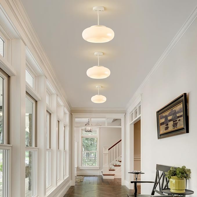 WOKNOS Mid-Century Modern Cream Whit Semi Flush Ceiling Light 12.6 Inch | 3-Light Glass Shade Close to Ceiling Lighting Fixture For Kitchen Entryway Hallway Bathroom Closet Bedroom Laundry Room
