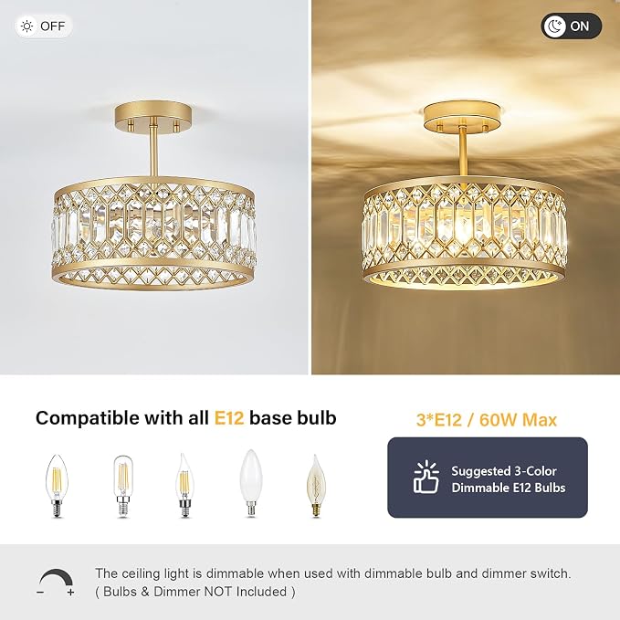 Pevfah Crystal Gold Ceiling Light, 3-Light Semi Flush Light Fixture, 12 in | Flush Mount Dining Room Chandelier, Modern Light Fixture Ceiling Mount for Kitchen, Entryway, Bedroom, Bulbs Not Included