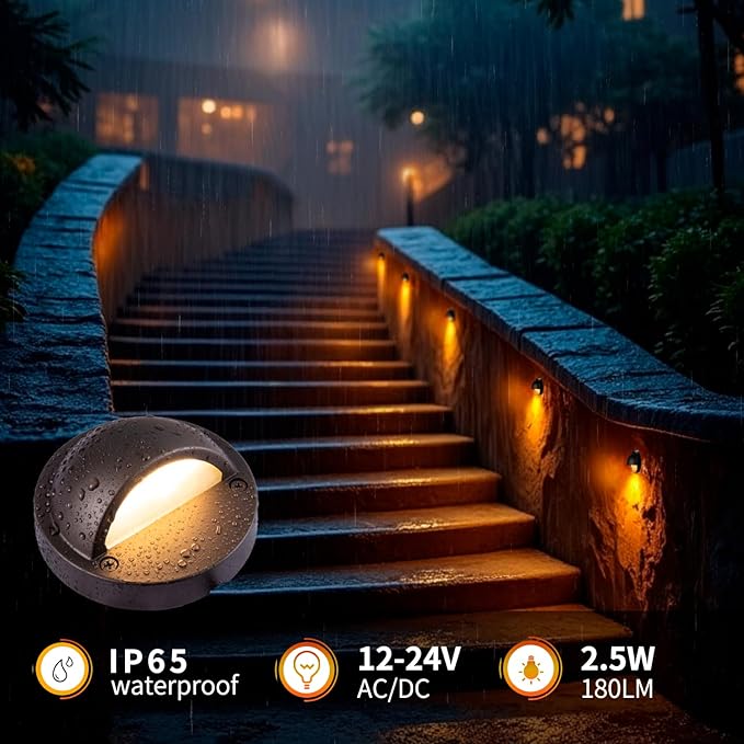 LED Low Voltage Deck Lights 2700K Landscape Railing Fence Light 180LM 12-24V AC/DC Aluminum Housing Outdoor Step Lights IP65 with Wire Nuts 4FT Corded ORB Finish 3.74 Inch Diameter 6-Pack